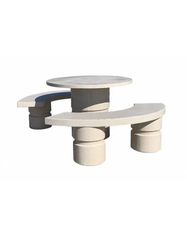 Set pic nic in cemento colore Bianco sabbiato - 1 tavolo circolare cm Ø110x75h e 2 panche curve cm Ø180x45h - Conforme ai CAM