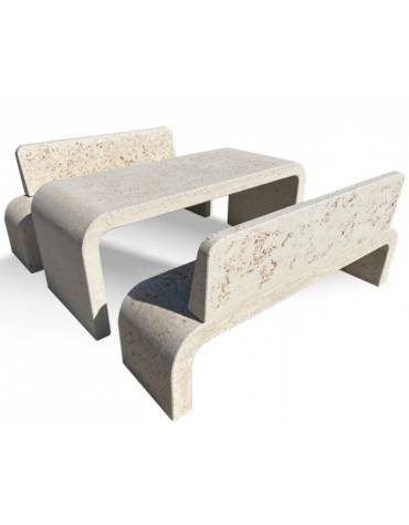 Set pic nic in cemento colore Bianco sabbiato - 1 tavolo e 2 panchine con fianchi curvi - Lunghezza cm 200 - Conforme ai CAM