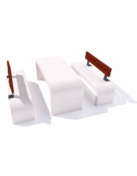 Set pic nic in cemento IDROREPELLENTE colore Bianco travertino fianchi curvi - 1 tavolo e 2 panchine schienale legno - CAM