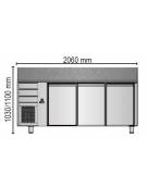 Tavolo Refrigerato Pizza GN 1/1 con 3 porte, gruppo motore a sinistra, 3 cassetti neutri e piano in granito CM 204x75x103H