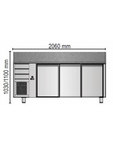 Tavolo Refrigerato Pizza GN 1/1 con 3 porte, gruppo motore a sinistra, 3 cassetti neutri e piano in granito CM 204x75x103H