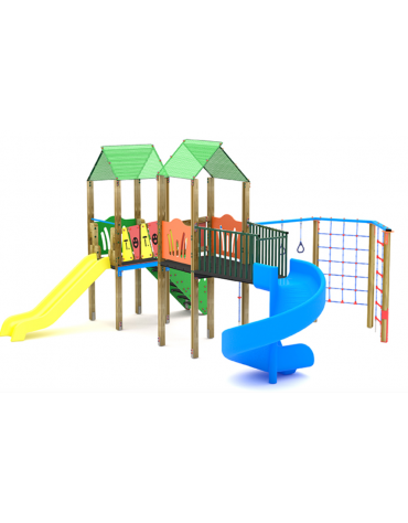 Mini villaggio con palestra, 2 torri e 2 scivoli di cui 1 elicoidale, 1 palestrina - cm 604x652x360h