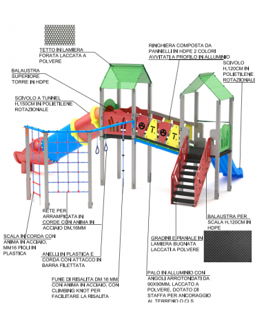 Mini villaggio con palestra, 2 torri e 2 scivoli di cui 1 a tunnel, 1 palestrina - cm 697x652x360h