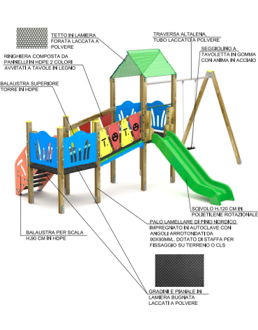 Torri con scivoli in polietilene rotazionale, scala e pianale in lamiera - cm 645x456x330h