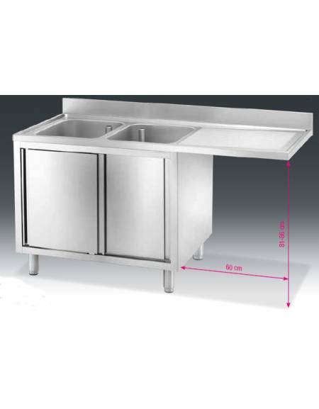 Lavatoio inox armadiato 2 vasche+gocc. destro cm 180x70x85h
