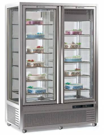Vetrina Pasticceria statica con 4 lati in vetro  - 1 porta - capacità 540 Lt. - temp. +10° -5°C - mm 760x760x1930h