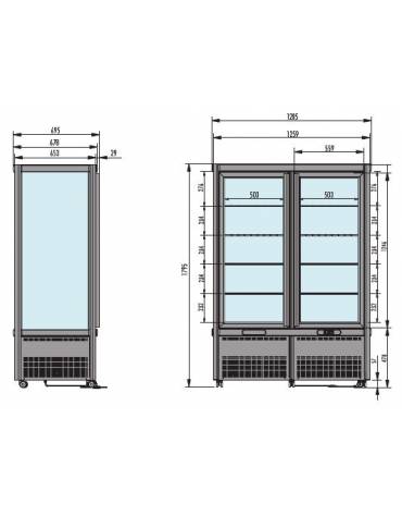 Vetrina verticale DOPPIA a camera unica, adatta per gelateria. Refrigerazione VENTILATA mm 1145x658x1810h