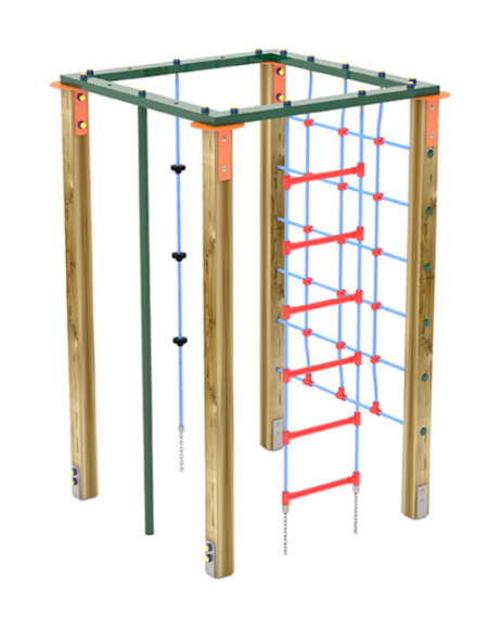 Palestra quadrata multifunzione con pali in legno pino nordico, 1 rete, 1 scala, 1 fune di risalita e 1 pertica