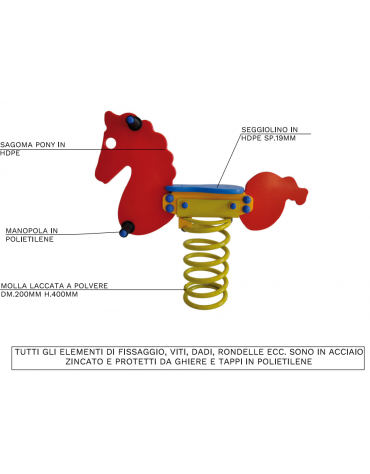 Gioco a molla pony con sagoma in polietilene HDPE ad alta densità - cm 88x20x96h