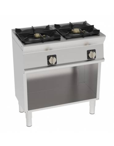 Cucina a gas 2 fuochi su vano aperto, piano cottura ermetico, potenza fuochi kw 1x6+1x10 - griglie in ghisa - cm 80x45x90h