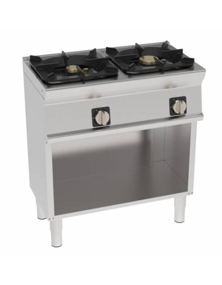 Cucina a gas 2 fuochi su vano aperto, piano cottura ermetico, potenza fuochi kw 1x6+1x10 - griglie in ghisa - cm 80x45x90h