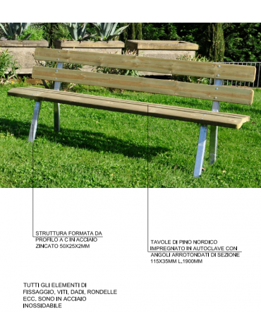 Panchina Venezia per parco, 2 fianchi in d’ acciaio a U, 9 doghe di pino nordico - cm 190x53x81h