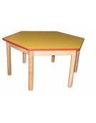 TAVOLINO ESAGONALE PER ASILO NIDO CON GAMBE IN LEGNO DI FAGGIO TONDE E BORDO PIANO IN GOMMA - LATO CM 52