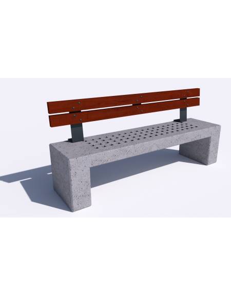 Panchina in cemento calcestruzzo con seduta forata, colore Bianco pietra - schienale in legno - cm 200x50x90h - Conforme ai CAM
