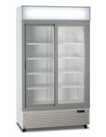 Frigo bibite doppia porta scorrevole ventilato 0°/+10°C, con opalina pubblicitaria - colore bianco - Lt 764 - cm 113x64x202,3h