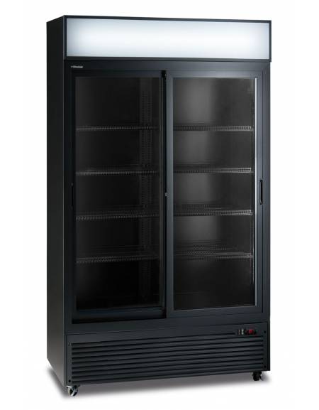 Frigo bibite doppia porta scorrevole ventilato 0°/+10°C, con opalina pubblicitaria - colore nero - Lt 764 - cm 113x64x202,3h