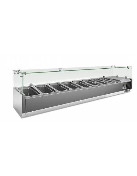 Vetrina refrigerata pizzeria statica inox con vetro superiore-8 bacinelle GN1/3-Temperatura +2° +8°C-cm 180x39,5x43,5h