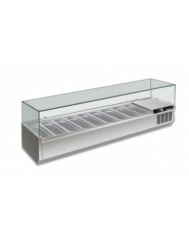 Vetrina refrigerata pizzeria statica +2° +8°C in acciaio inox AISI 304 con vetro superiore-9 bacinelle GN1/3-cm 200x39,5x43,5h