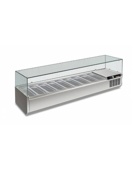 Vetrina refrigerata pizzeria statica +2° +8°C in acciaio inox AISI 304 con vetro superiore-9 bacinelle GN1/3-cm 200x39,5x43,5h