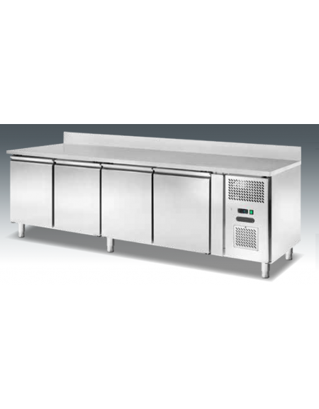 Tavolo refrigerato ventilato 4 sportelli con alzatina in Acciaio Inox - Classe C - Temp. -2/+8°C - cm 250,5x80x85h