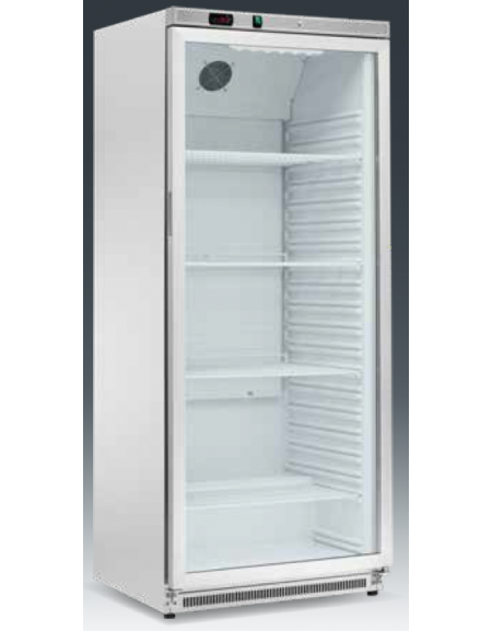 Armadio refrigerato statico 0/+10°C, porta a vetri, esterno in acciaio inox - Lt 580 - Classe B - cm 77,7x69,5x189h