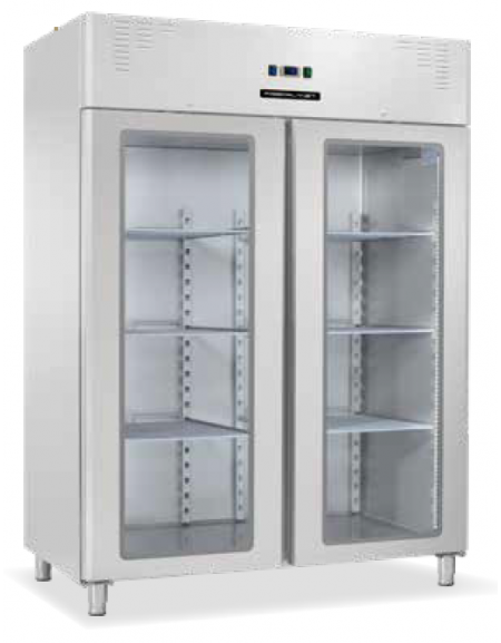 Armadio refrigerato ventilato in acciaio inox, due porte a vetri - Temp. 0/+8°C - Lt 1330 - Classe B - cm 148x82,8x205h