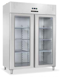 Armadio refrigerato ventilato in acciaio inox, due porte a vetri - Temp. 0/+8°C - Lt 1330 - Classe B - cm 148x82,8x205h