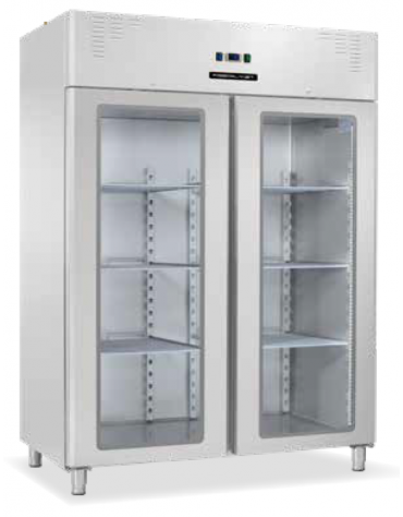 Armadio refrigerato ventilato in acciaio inox, due porte a vetri - Temp. -15/-20°C - Lt 1330 - Classe E - cm 148x82,8x205h