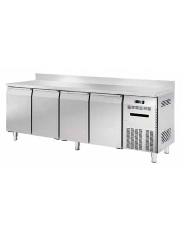 Banco refrigerato GN1/1 ventilato in acciaio inox con 4 porte e alzatina - Temp. 0/+8°C - Lt 541- Classe C - cm 225x70x85h