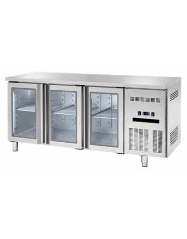 Banco refrigerato GN1/1 ventilato in acciaio inox con 3 porte a vetri - Temp. 0/+8°C - Lt 405- Classe B - cm 180x70x85h