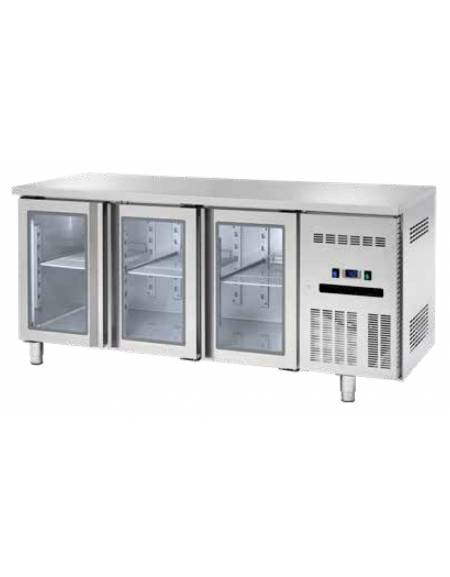 Banco refrigerato GN1/1 ventilato in acciaio inox con 3 porte a vetri - Temp. 0/+8°C - Lt 405- Classe B - cm 180x70x85h