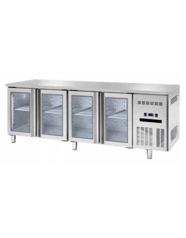 Banco refrigerato GN1/1 ventilato in acciaio inox con 4 porte a vetri - Temp. 0/+8°C - Lt 541 - Classe B - cm 225x70x85h