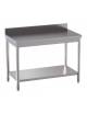 Tavolo inox da lavoro su gambe tonde con alzatina e ripiano inferiore - cm 150x70x85/90