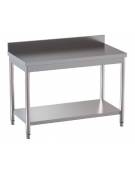 Tavolo inox su gambe tonde c/alzatina e ripiano cm. 130x60x85/90