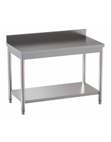 Tavolo inox su gambe tonde c/alzatina e ripiano cm. 130x60x85/90