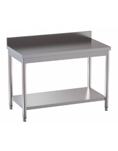 Tavolo inox su gambe tonde c/alzatina e ripiano cm. 130x60x85/90