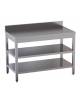 Tavolo da lavoro in acciaio inox con due ripiani intermedi ed alzatina posteriore - cm 140x60x85/90h