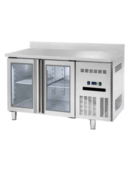 Banco refrigerato GN1/1 ventilato in acciaio inox con 2 porte a vetri e alzatina - Temp. 0/+8°C - Lt 262 - Classe B - cm 135x70x