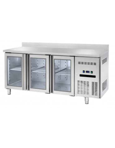 Banco refrigerato GN1/1 ventilato in acciaio inox con 3 porte a vetri e alzatina - Temp. 0/+8°C - Lt 405- Classe B - cm 180x70x8