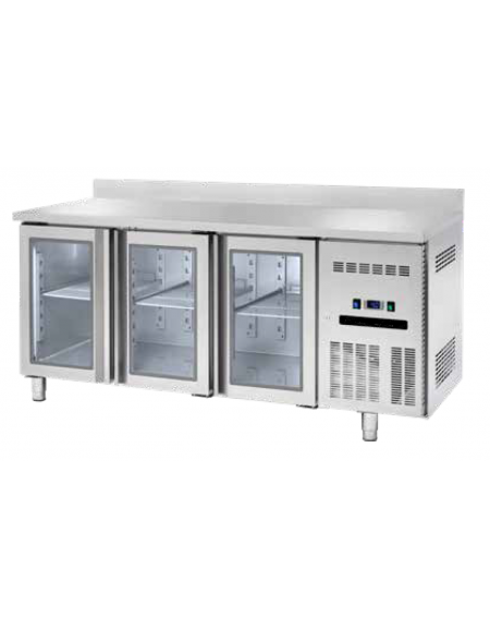 Banco refrigerato GN1/1 ventilato in acciaio inox con 3 porte a vetri e alzatina - Temp. 0/+8°C - Lt 405- Classe B - cm 180x70x8