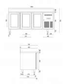 Banco refrigerato GN1/1 ventilato in acciaio inox con 3 porte a vetri e alzatina - Temp. 0/+8°C - Lt 405- Classe B - cm 180x70x8