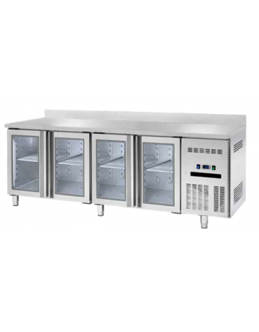Banco refrigerato GN1/1 ventilato acciaio inox 4 porte a vetri e alzatina - Temp. 0/+8°C - Lt 541 - Classe B - cm 225x70x85h