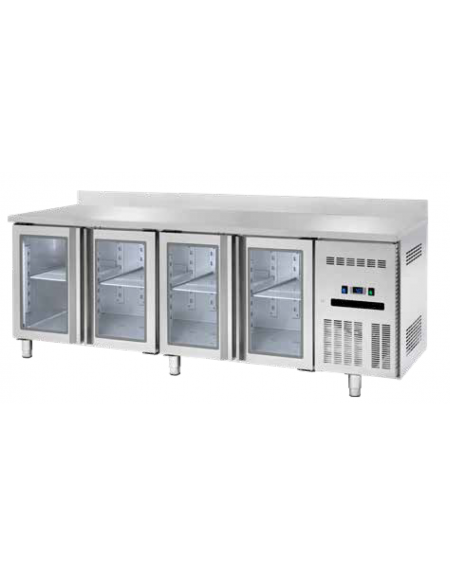 Banco refrigerato GN1/1 ventilato acciaio inox 4 porte a vetri e alzatina - Temp. 0/+8°C - Lt 541 - Classe B - cm 225x70x85h
