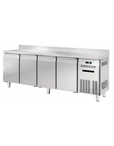 Banco refrigerato ventilato 0/+8°C, acciaio inox, 4 porte e alzatina, profondità cm 60 - Lt 442- Classe D - cm 225x60x85h