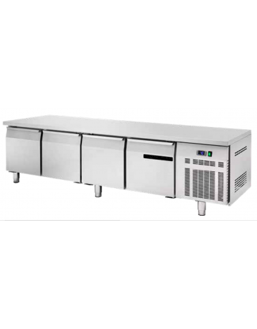 Banco refrigerato ventilato in acciaio inox con 4 porte, altezza cm 65 - Temp. 0/+8°C - Lt 353- Classe D - cm 225x70x65h