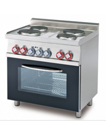 Cucina elettrica trifase-9,05kw, 4 piastre, forno elettrico multifunzione con camera cm 64x37x35h, porta in vetro - cm 80x60x90h