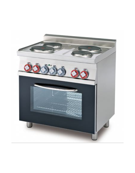 Cucina elettrica trifase-9,05kw, 4 piastre, forno elettrico multifunzione con camera cm 64x37x35h, porta in vetro - cm 80x60x90h