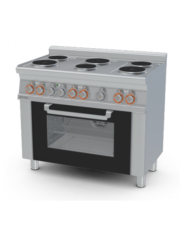 Cucina elett. trifase-12,05kw, 6 piastre, forno elett. multifunzione, camera cm 64x37x35h GN1/1, porta in vetro - cm 100x60x90h