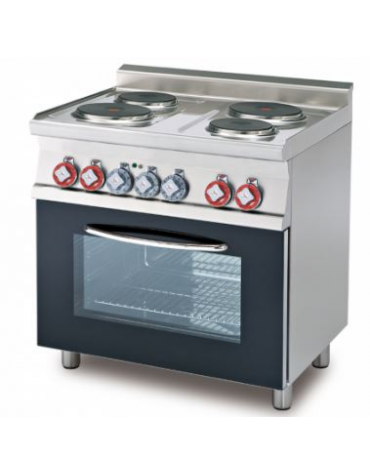 Cucina elettrica trifase-8,62kw, 4 piastre, forno elettrico statico con camera cm 64x42x35h, porta in vetro - cm 80x60x90h