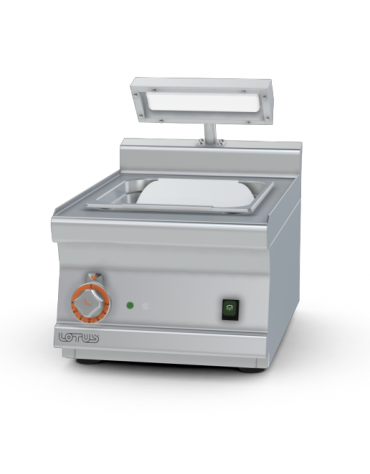 Contenitore caldo monofase da banco in acciaio inox CrNi 18/10 AISI 304, con vasca GN 2/3 con falsofondo forato, cm 40x60x28h